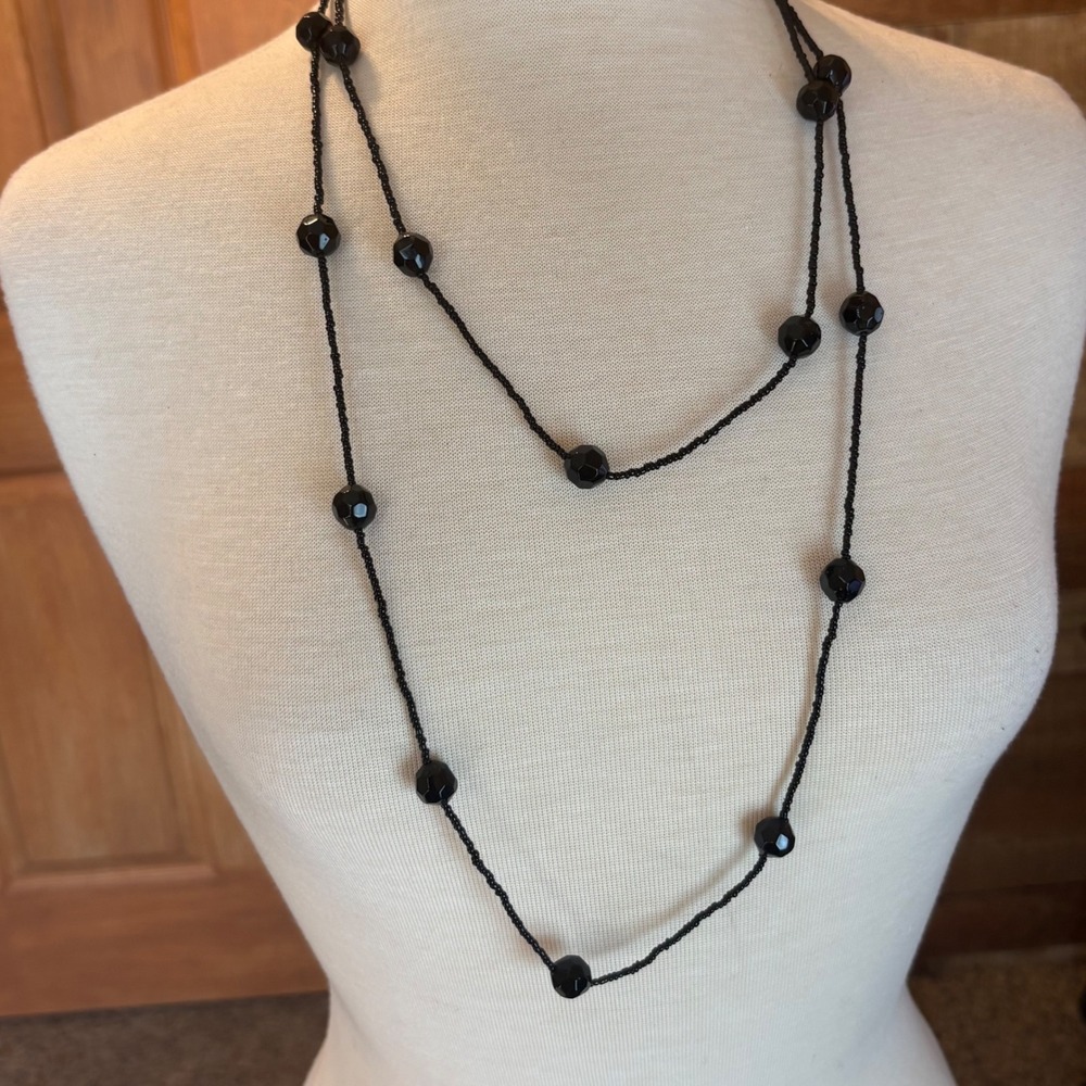 Antique French Jet Flapper Necklace Black Faceted Glass Seed Bead 60 Inch Strand